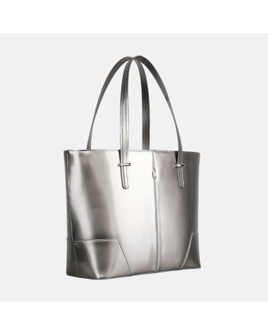 Srebrna duża torebka skórzana Shopper z połyskiem