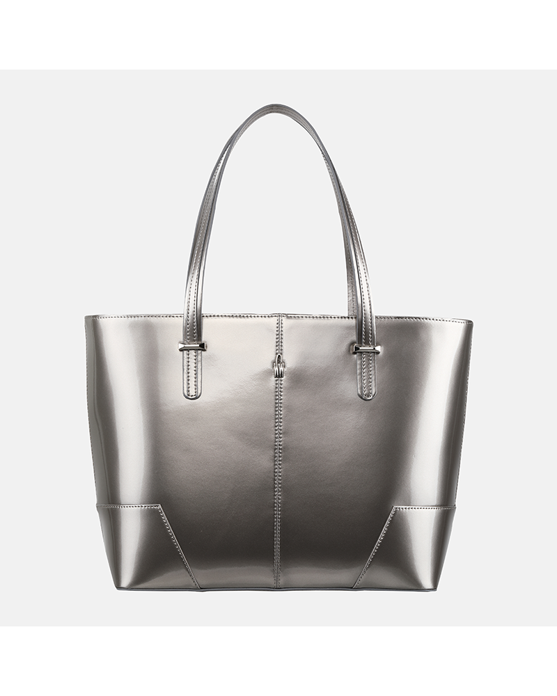 Srebrna duża torebka skórzana Shopper z połyskiem