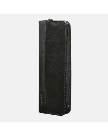 Praktyczny pionowy czarny piórnik skórzany zapinany na zamek