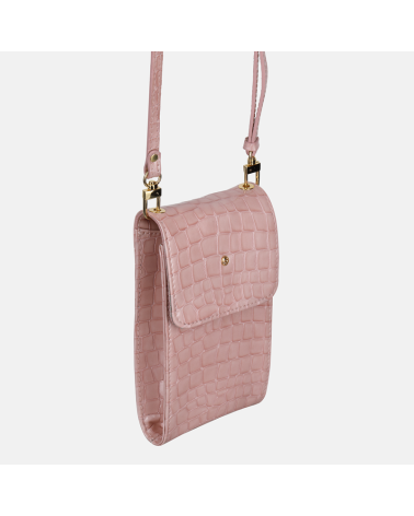 Mała różowa torebka skórzana na smartfon z teksturą krokodyla