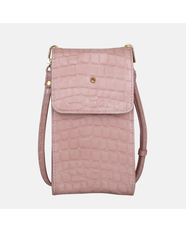 Mała różowa torebka skórzana na smartfon z teksturą krokodyla