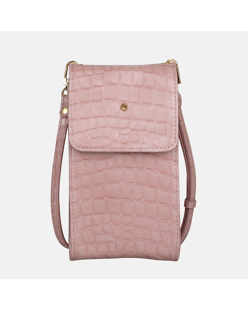 Mała różowa torebka skórzana na smartfon z teksturą krokodyla