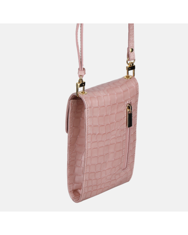 Mała różowa torebka skórzana na smartfon z teksturą krokodyla
