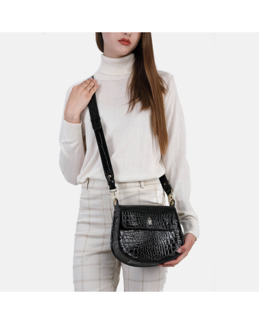 DOROTI - Czarna lakierowana listonoszka skórzana croco