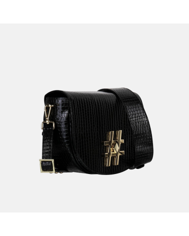 Mała czarna skórzana torebka z biżuteryjną aplikacją