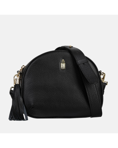 Okrągła mała czarna skórzana torebka listonoszka