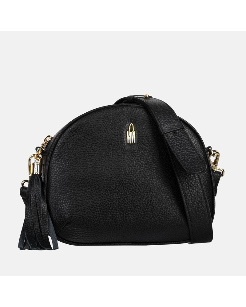 Okrągła mała czarna skórzana torebka listonoszka