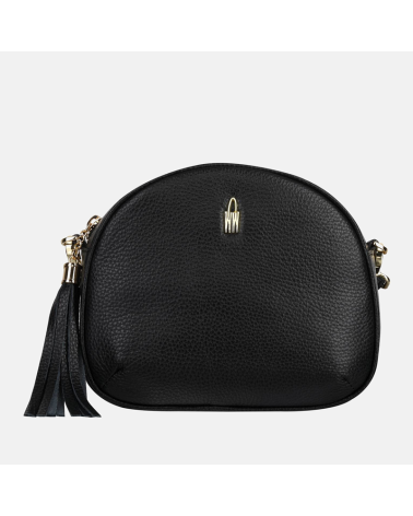 Okrągła mała czarna skórzana torebka listonoszka