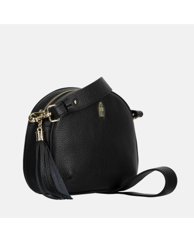 Okrągła mała czarna skórzana torebka listonoszka