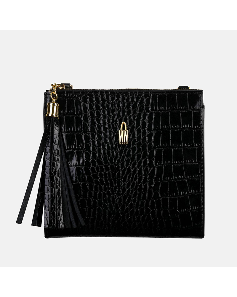 Mała czarna torebka z krokodylim wzorem ze skóry